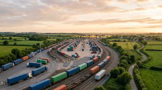 Aerial view of modern UK rail freight terminal showing intermodal containers being transferred between rail and road transport modes
