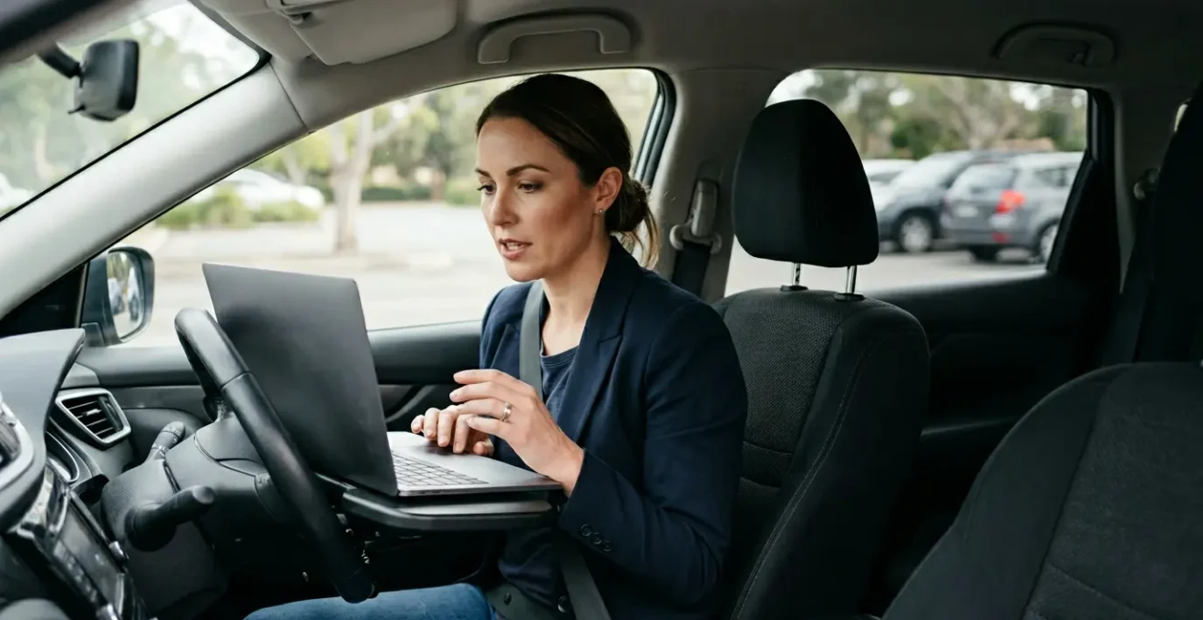 Professional working on laptop inside parked vehicle with natural lighting