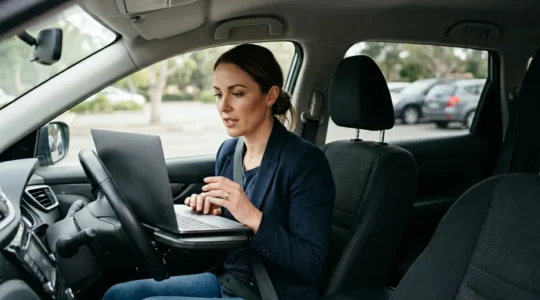Professional working on laptop inside parked vehicle with natural lighting