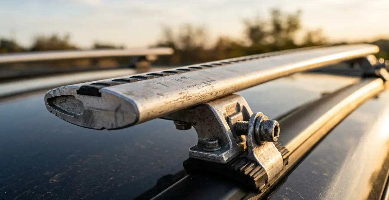 Close-up of aerodynamic roof rack crossbars on vehicle roof at highway speed showing air flow patterns