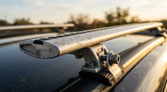 Close-up of aerodynamic roof rack crossbars on vehicle roof at highway speed showing air flow patterns