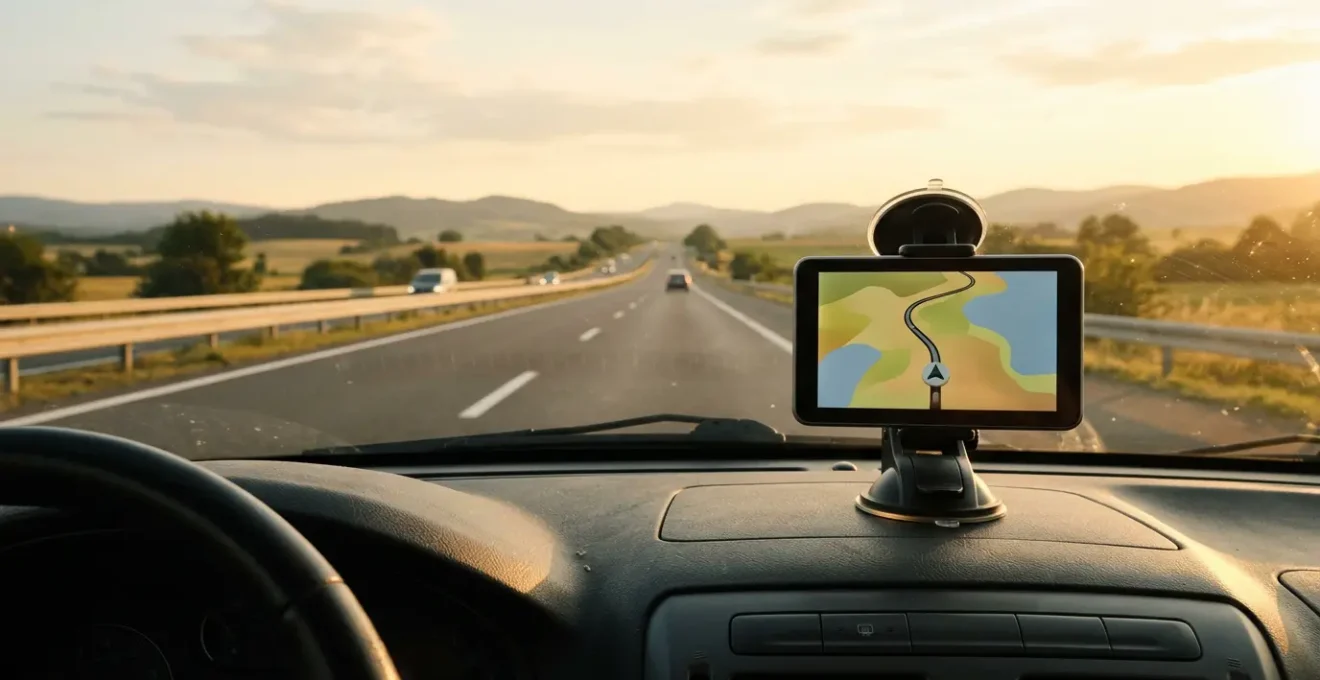 Modern vehicle dashboard with navigation display showing route prediction on highway journey