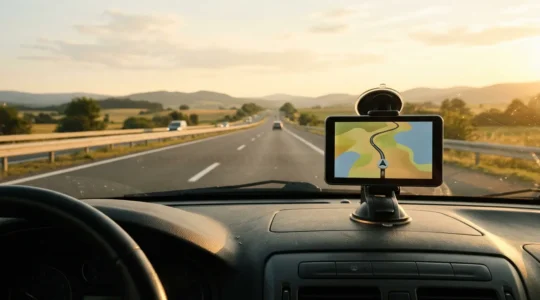 Modern vehicle dashboard with navigation display showing route prediction on highway journey