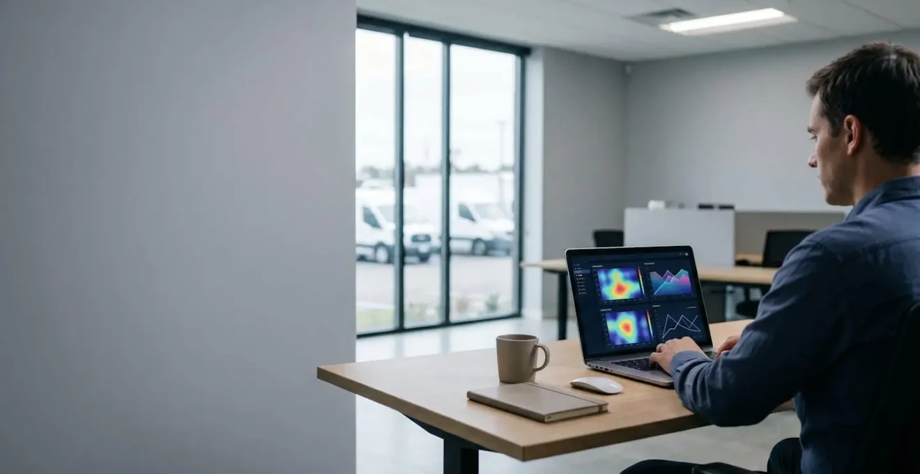 Commercial fleet manager analyzing overwhelming telematics alert dashboard highlighting information overload challenge