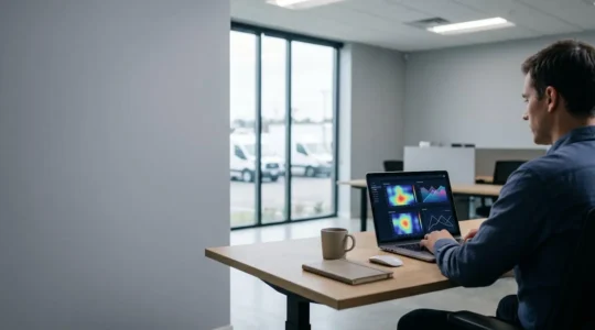 Commercial fleet manager analyzing overwhelming telematics alert dashboard highlighting information overload challenge