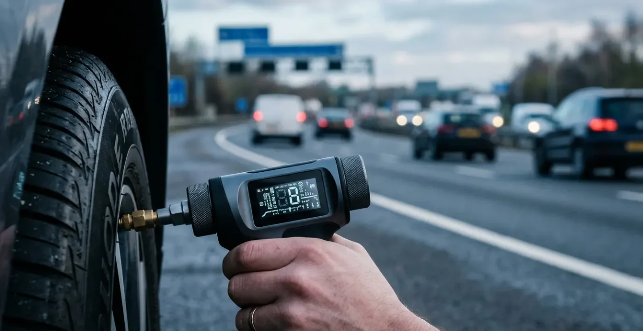 Close-up of a tire pressure gauge showing proper PSI measurement with UK motorway background