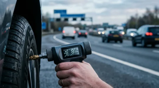 Close-up of a tire pressure gauge showing proper PSI measurement with UK motorway background
