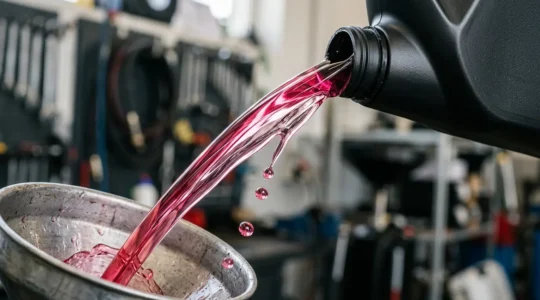 Close-up detail of transmission fluid maintenance preventing costly gearbox failure