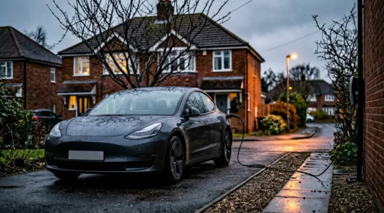 British EV owner contemplating electric vehicle decision in winter environment