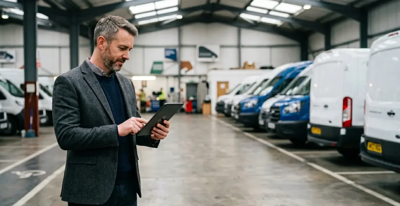 British fleet manager analyzing efficiency data on smart mobility platform with modern commercial vehicles in background