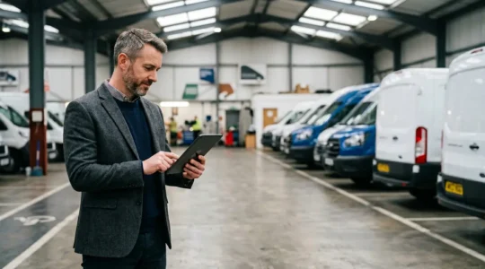 British fleet manager analyzing efficiency data on smart mobility platform with modern commercial vehicles in background