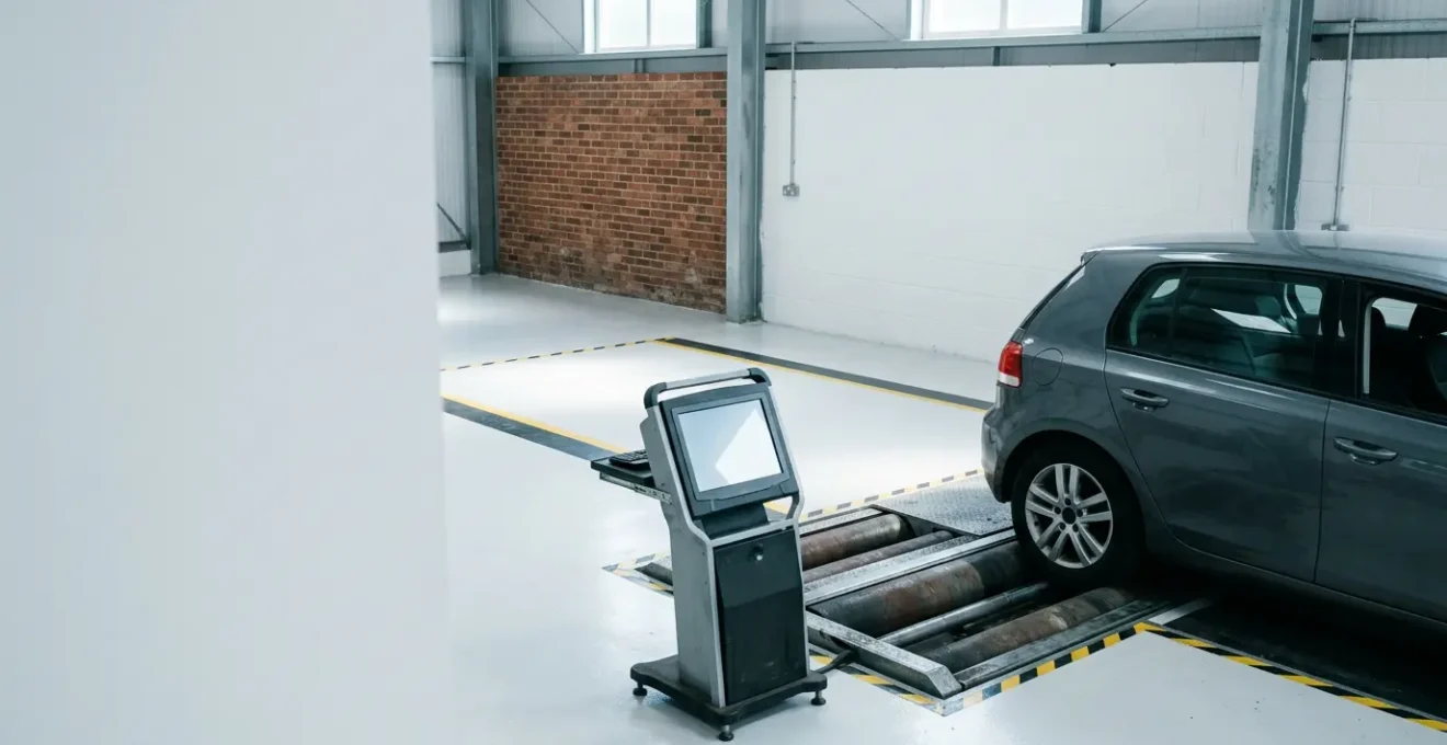 Professional MOT testing station with vehicle positioned on brake roller test equipment in British automotive workshop