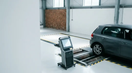 Professional MOT testing station with vehicle positioned on brake roller test equipment in British automotive workshop