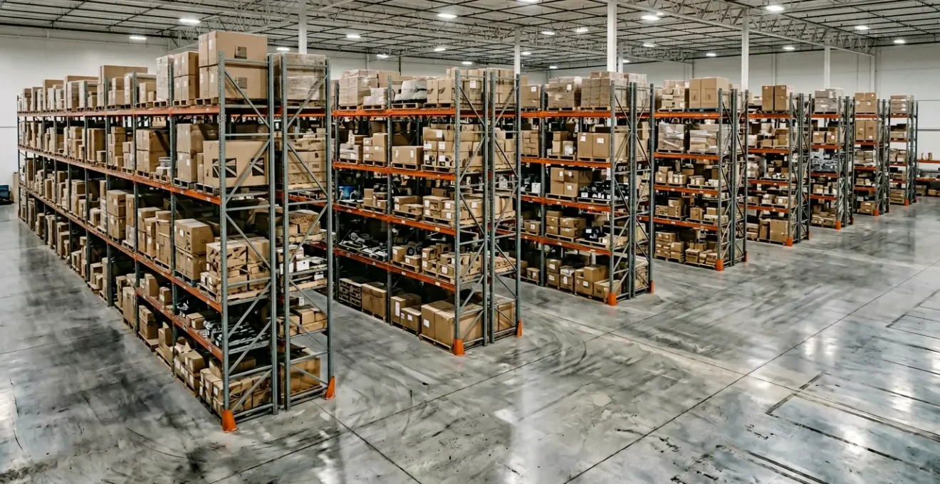 High-angle view of stagnant automotive parts inventory in modern warehouse revealing operational inefficiency