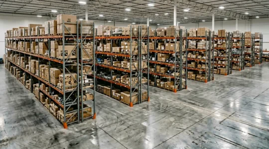 High-angle view of stagnant automotive parts inventory in modern warehouse revealing operational inefficiency