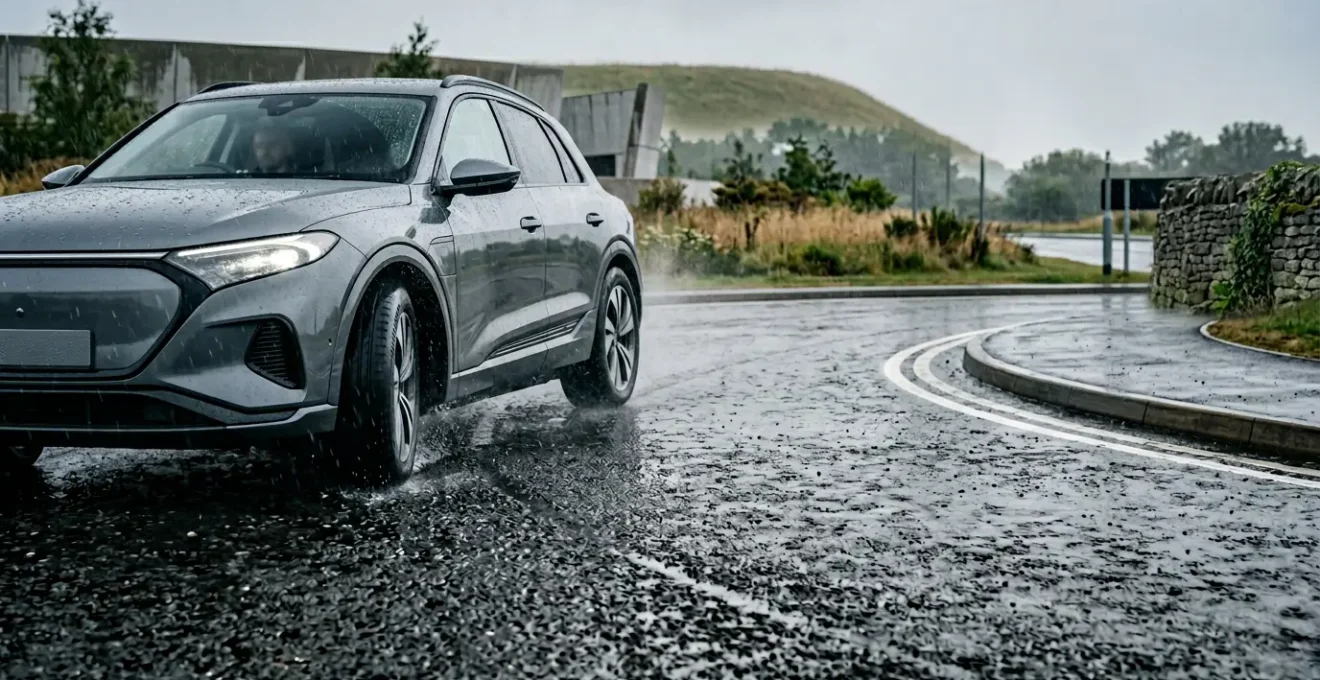 Close-up view of vehicle tire gripping wet asphalt surface under rainy conditions showing advanced safety technology in action