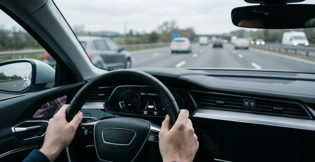 Driver's perspective showing hands on steering wheel with blurred dashboard and windshield view of heavy motorway traffic ahead