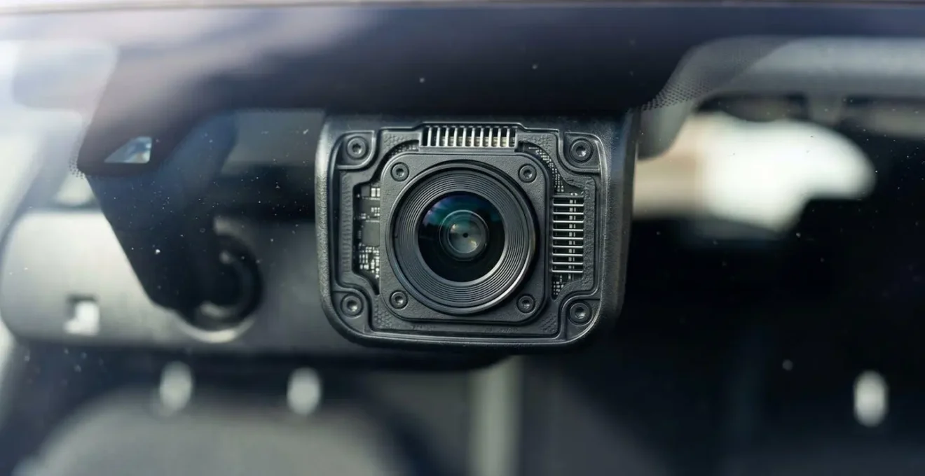 Extreme close-up macro shot of ADAS camera sensor mounted behind rearview mirror showing precision calibration technology