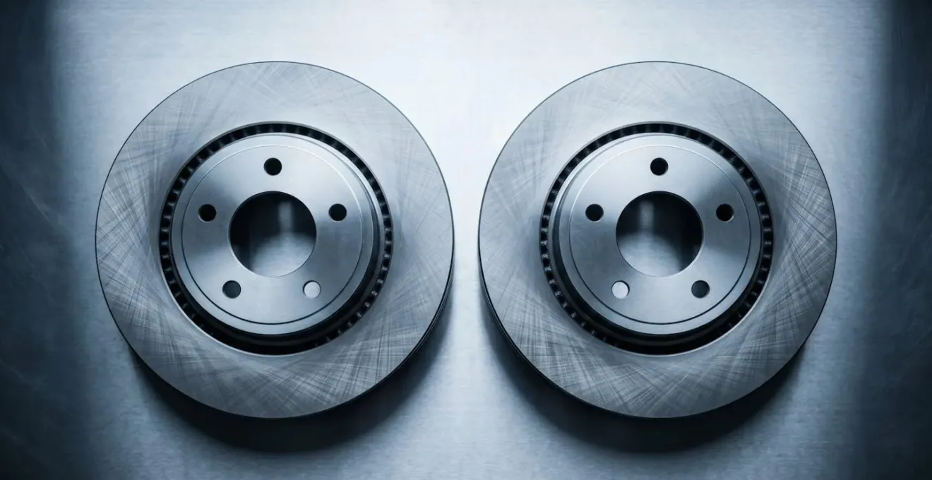 Symmetrical composition showing two identical brake disc rotors side by side representing axle pair replacement principle