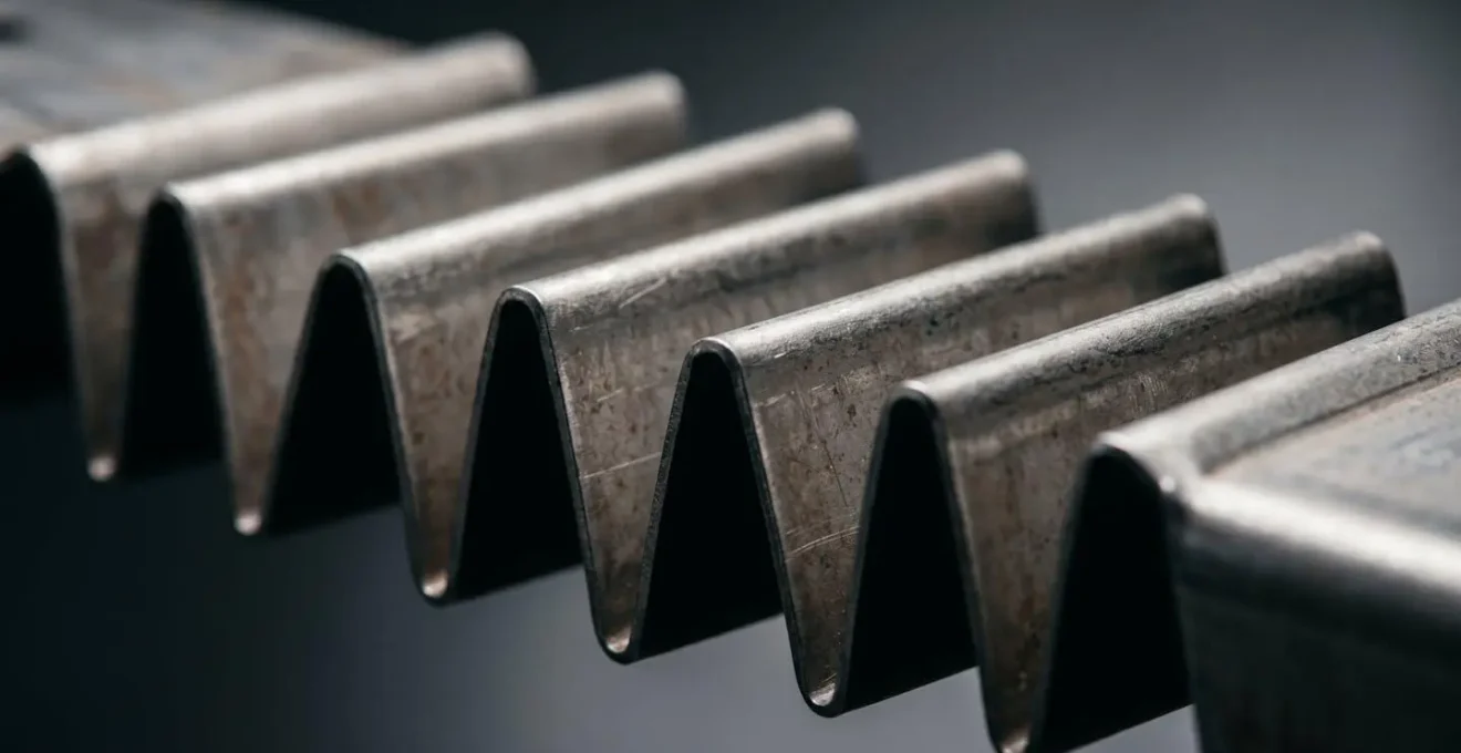 Macro detail of pre-formed accordion trigger patterns in automotive chassis rail steel