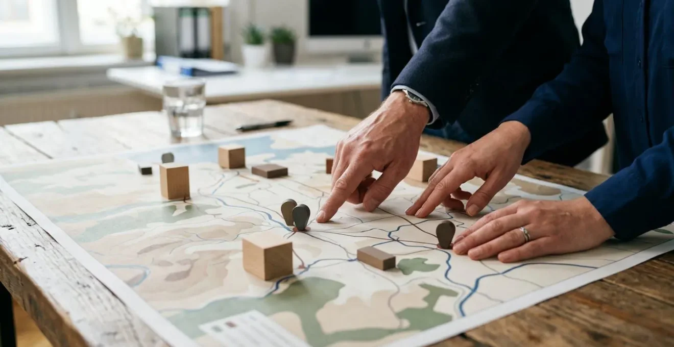 Close-up of hands analyzing physical data visualizations with strategic inventory placement markers across regional map