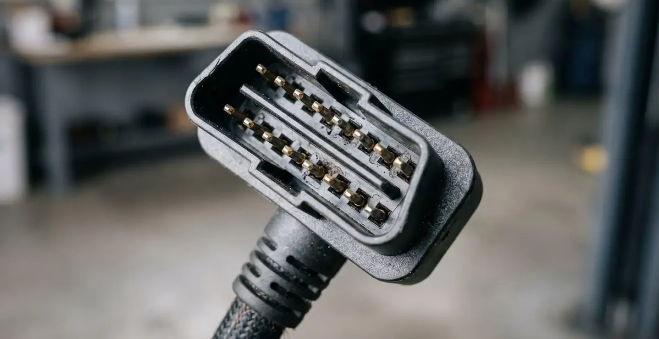 Close-up view of an OBD2 diagnostic connector and port showing technical precision and battery health monitoring capability