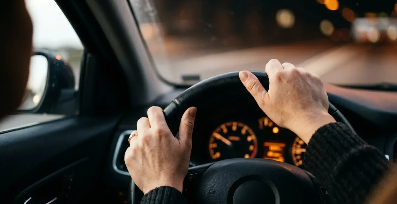 Close-up of driver hands gripping steering wheel with shallow depth of field showing human connection to vehicle safety technology