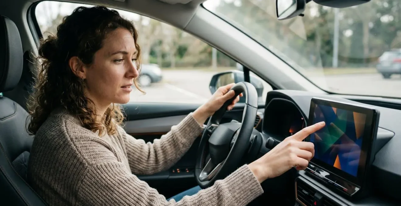 Driver sitting in parked car practicing touchscreen controls with focused attention in safe stationary environment