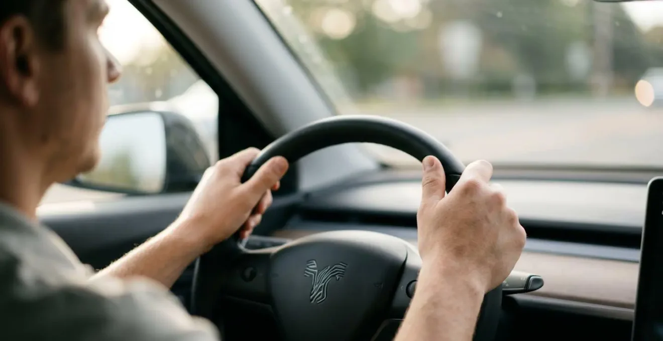 Human hands positioned on steering wheel during Level 2 autonomous driving engagement