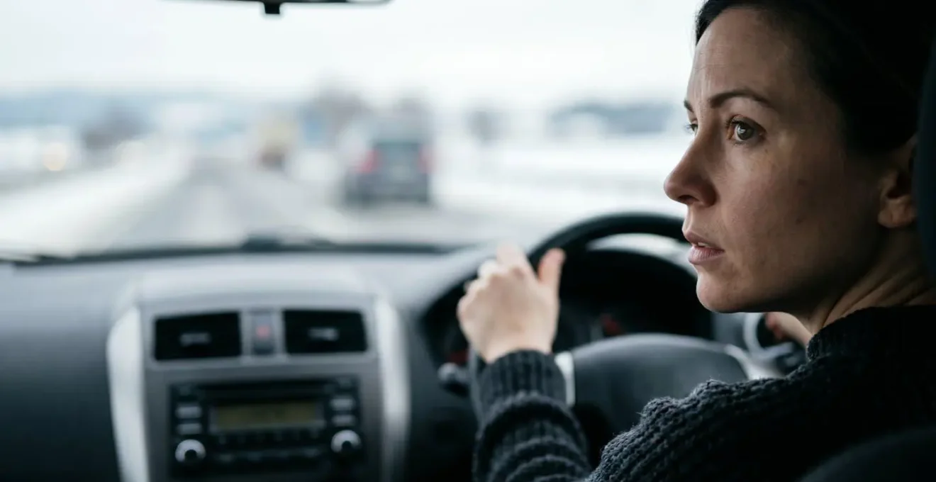 Human and emotional photograph showing an EV driver's focused expression while monitoring energy consumption on a winter highway journey