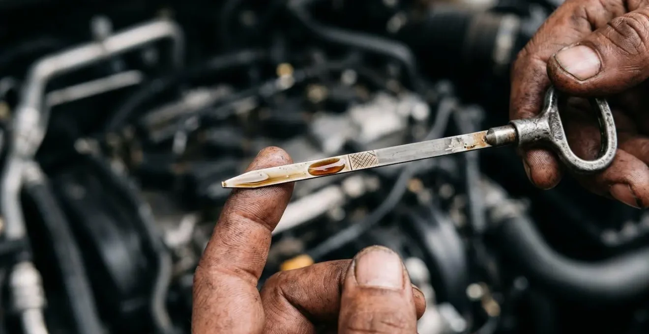 Close-up of mechanic hands checking engine oil dipstick showing oil level and texture
