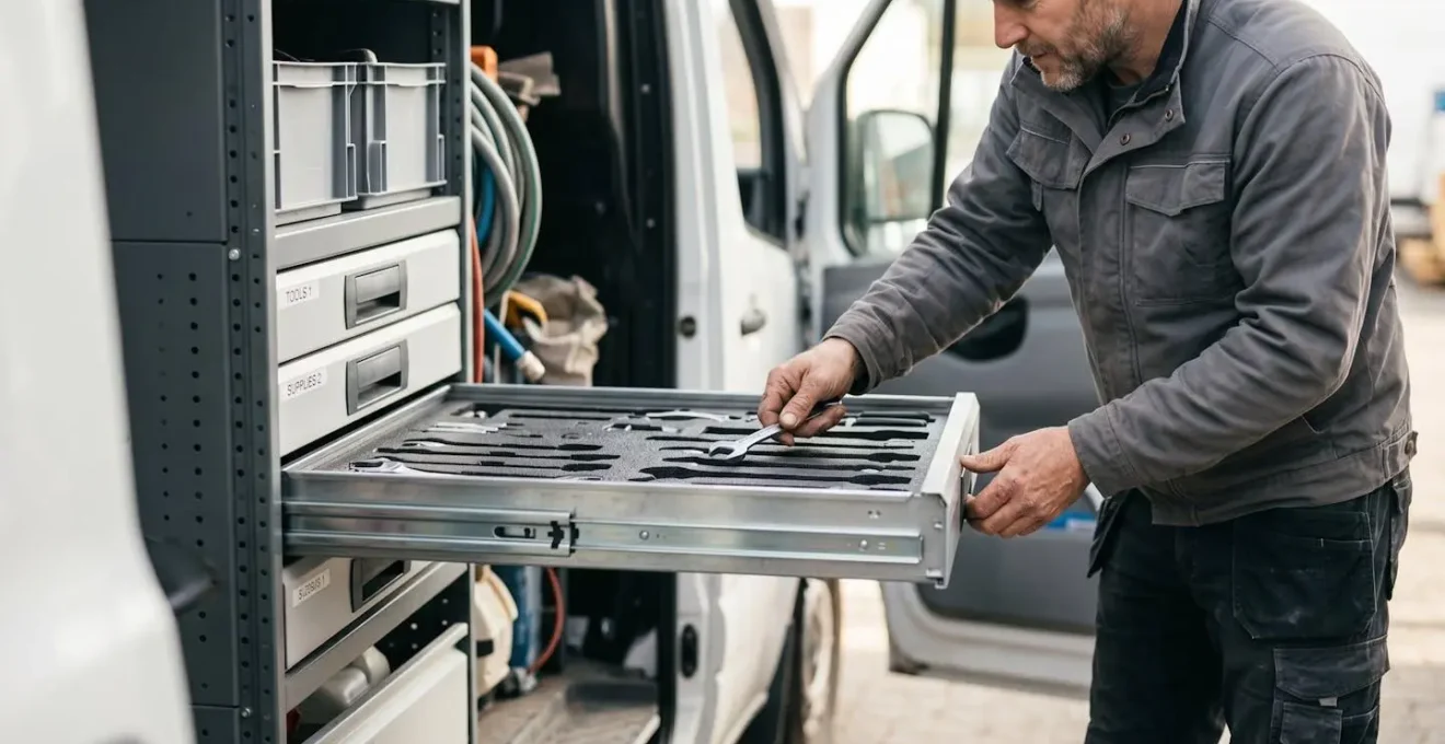 Service technician accessing tools from waist-height slide-out drawer in organized van racking system