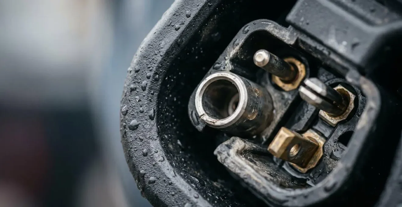 Close-up view of electric vehicle charging components during winter conditions
