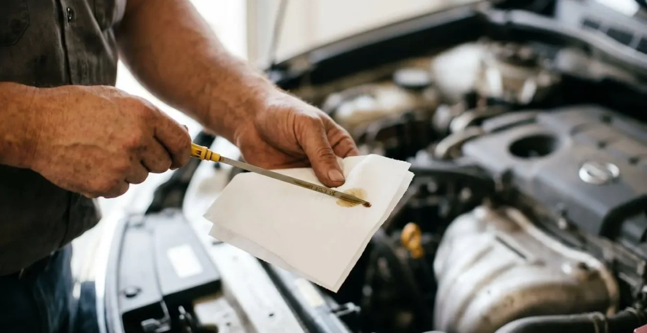 Close-up of vehicle fluid level inspection demonstrating proper checking technique