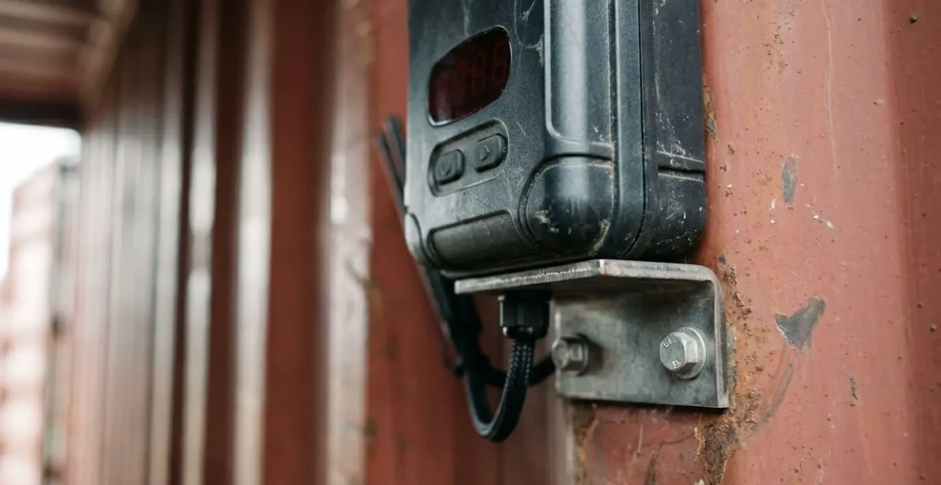 Close-up of IoT GPS tracking device mounted inside shipping container for real-time location monitoring