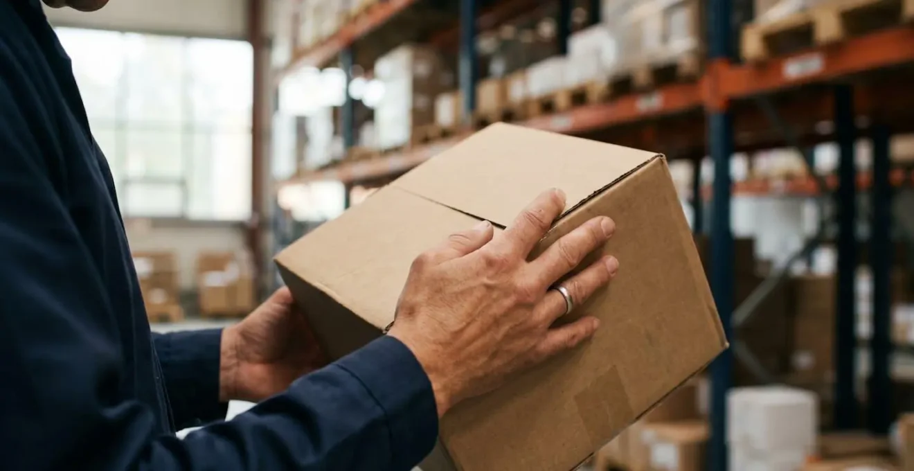 Warehouse worker hands carefully handling pharmaceutical package during inspection process under natural lighting