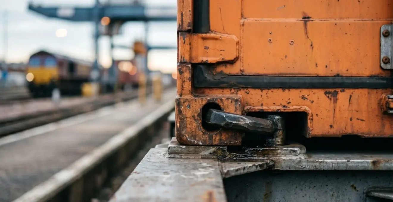 Close-up view of intermodal container being transferred between rail wagon and road vehicle at UK freight terminal
