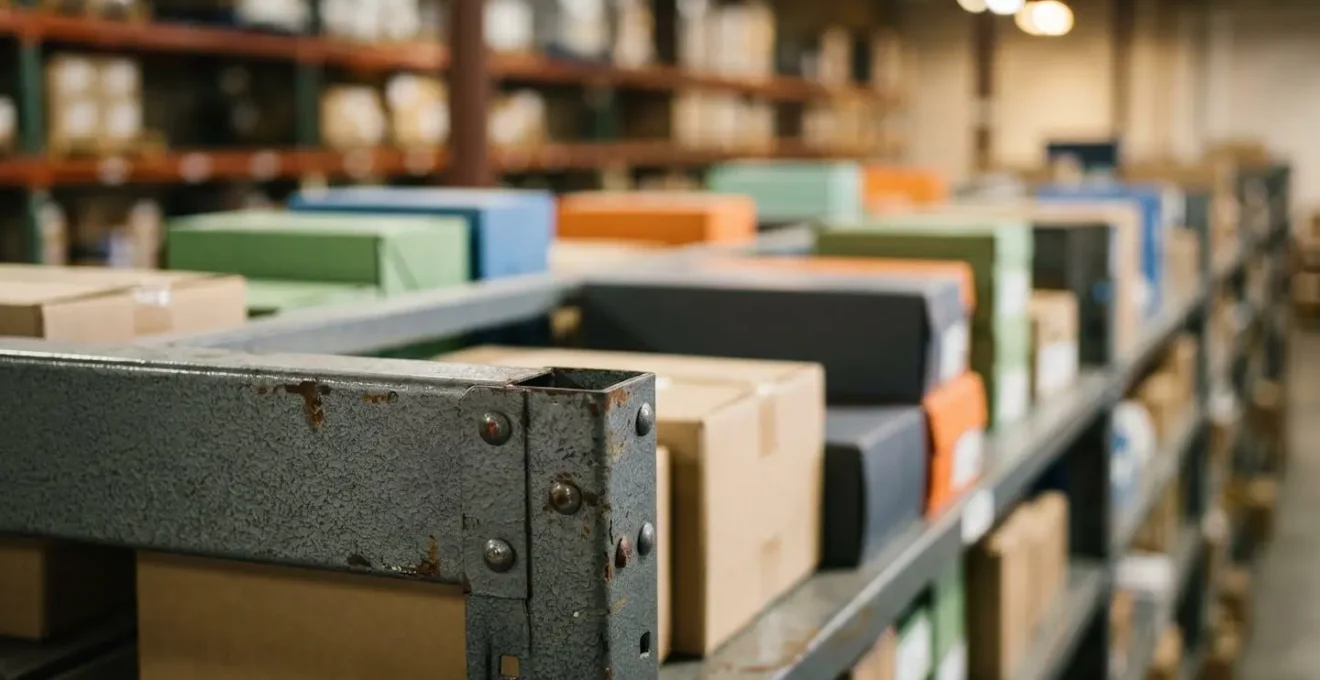 Deep warehouse perspective showing industrial shelving with varied inventory density representing safety stock buffer strategy without visible product labels or text