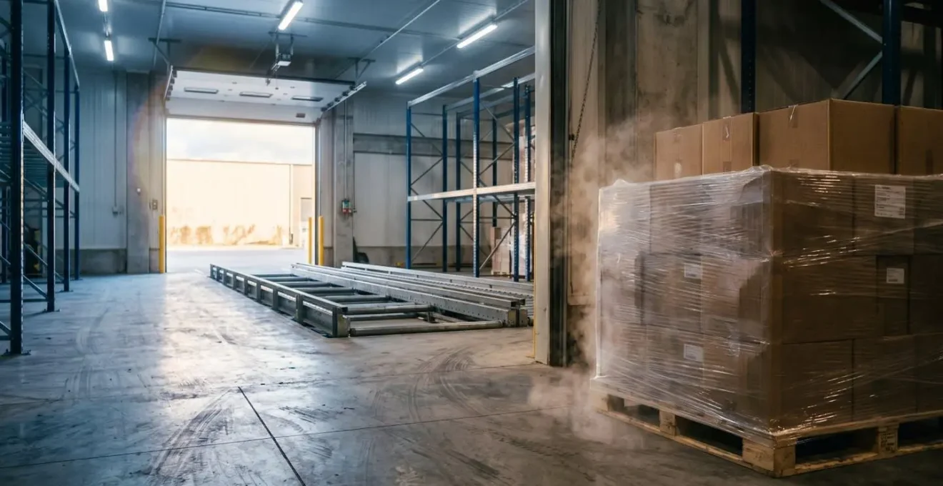 Environmental view showing temperature differential impact at warehouse loading dock with frozen product exposure