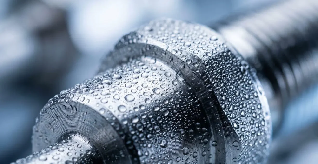 Extreme close-up of temperature monitoring sensor surface showing condensation and precise calibration details in cold chain environment