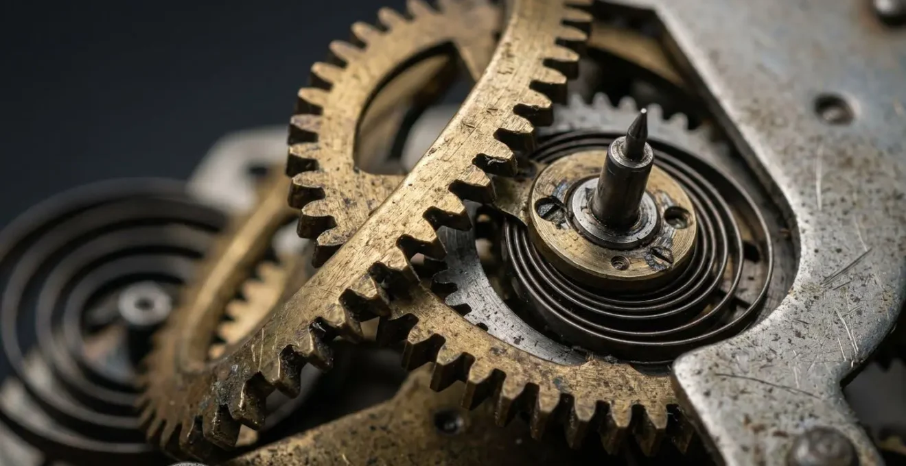 Close-up of analog mechanical gauge mechanism showing graceful degradation