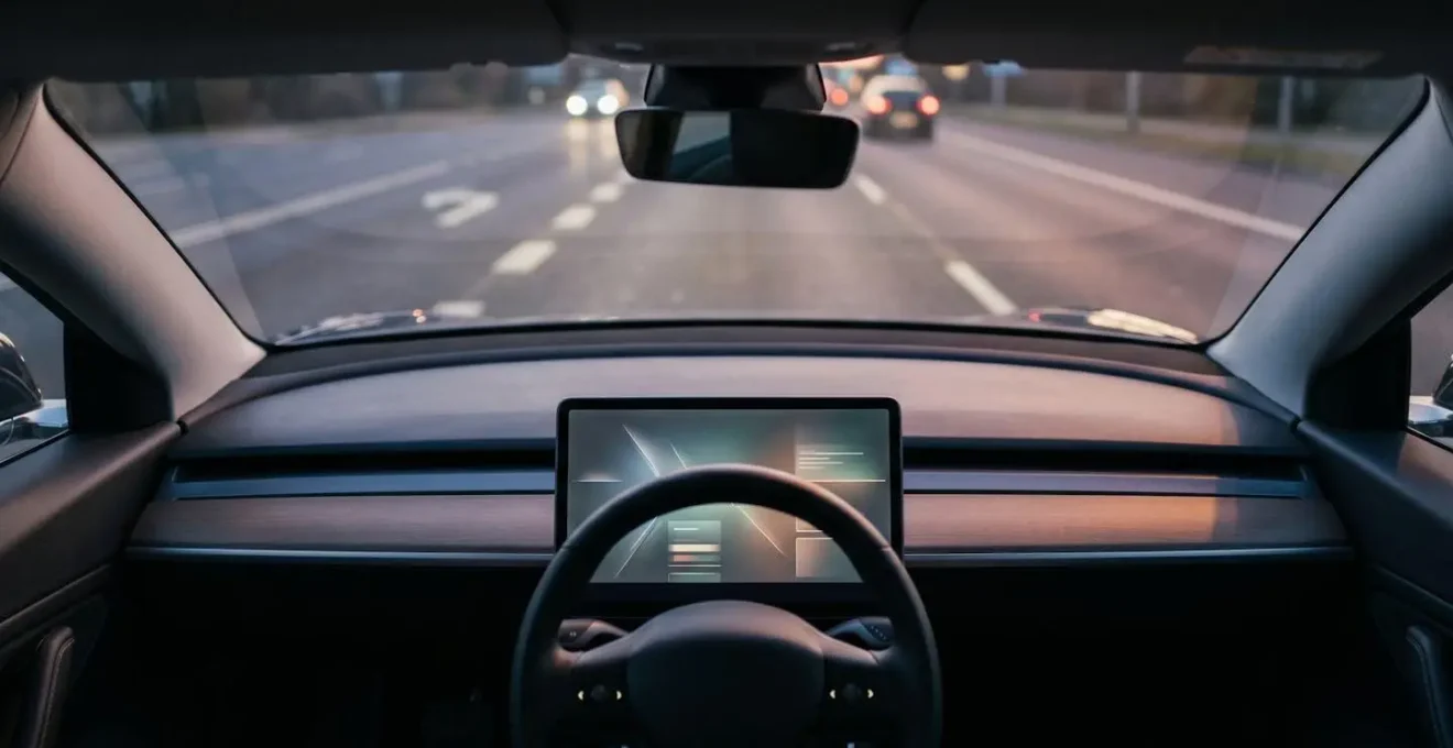 Wide environmental view of modern car dashboard through windshield showing minimal information display philosophy