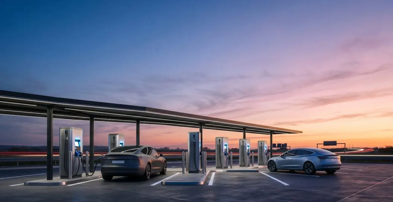 Wide-angle view of modern EV charging forecourt at motorway services with multiple charging bays under expansive sky