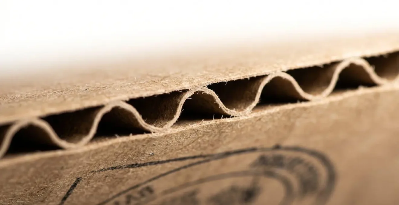 Extreme macro view of corrugated cardboard edge showing layered structure and manufacturer certification stamp detail
