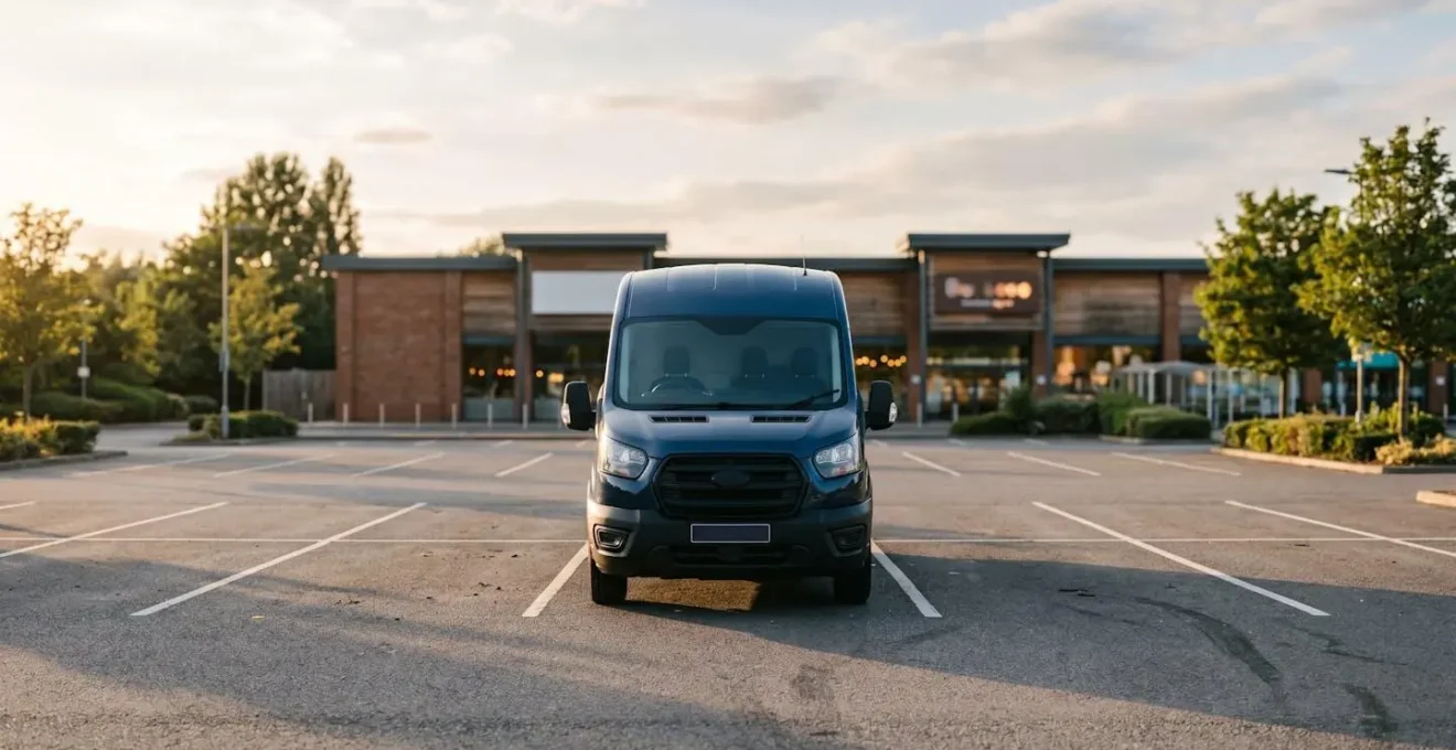 Wide view of vehicle parked in retail car park with coffee shop building in soft focus background