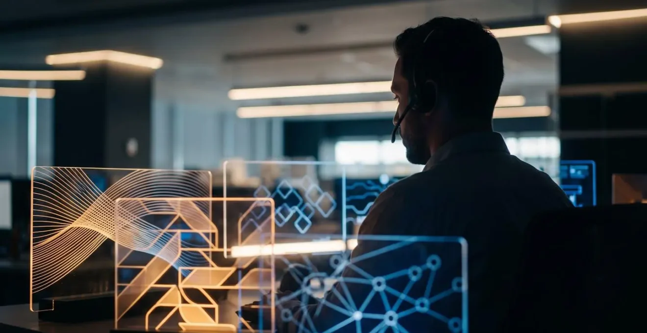 Modern logistics control center with abstract data visualization screens showing predictive analytics and shipment tracking patterns without readable text