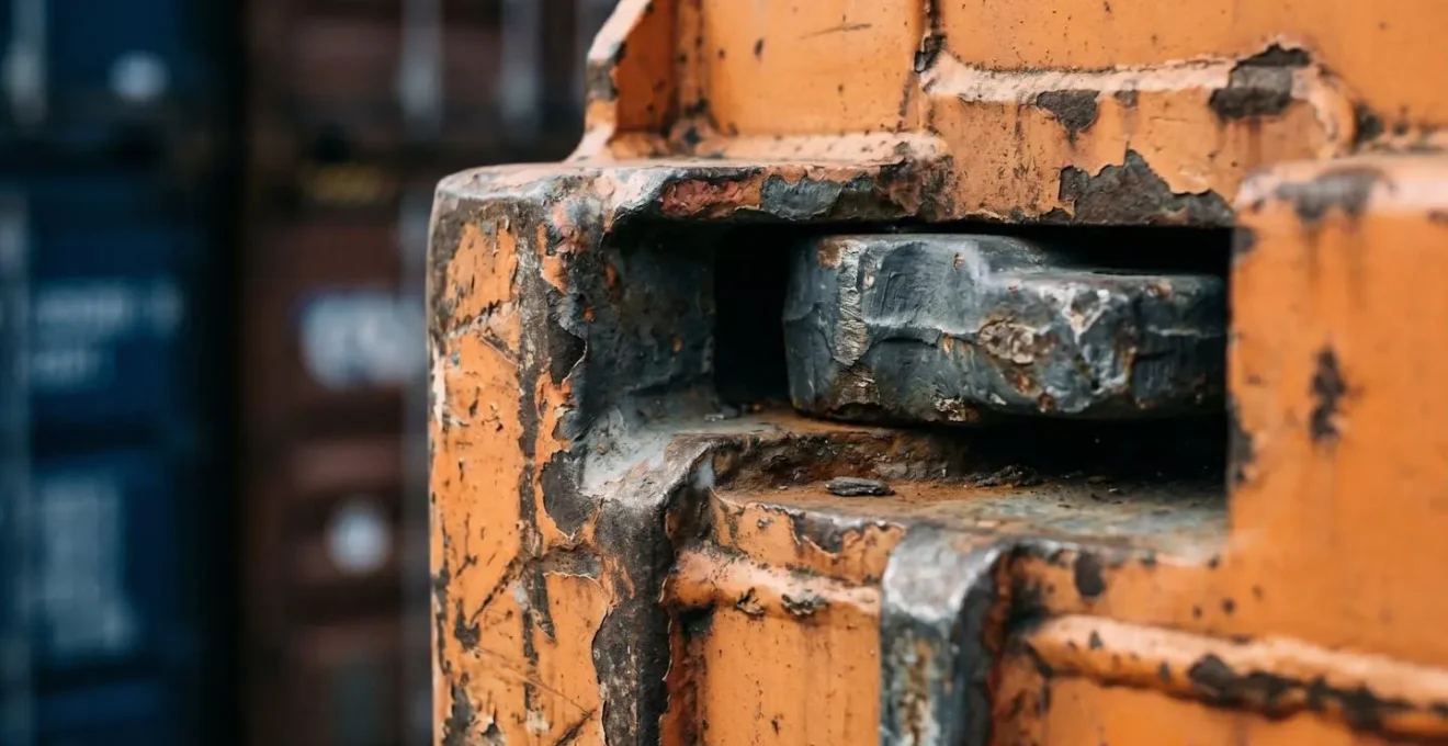 Macro close-up view of stacked shipping container corners and connection points showing the complex layering inside a rail terminal