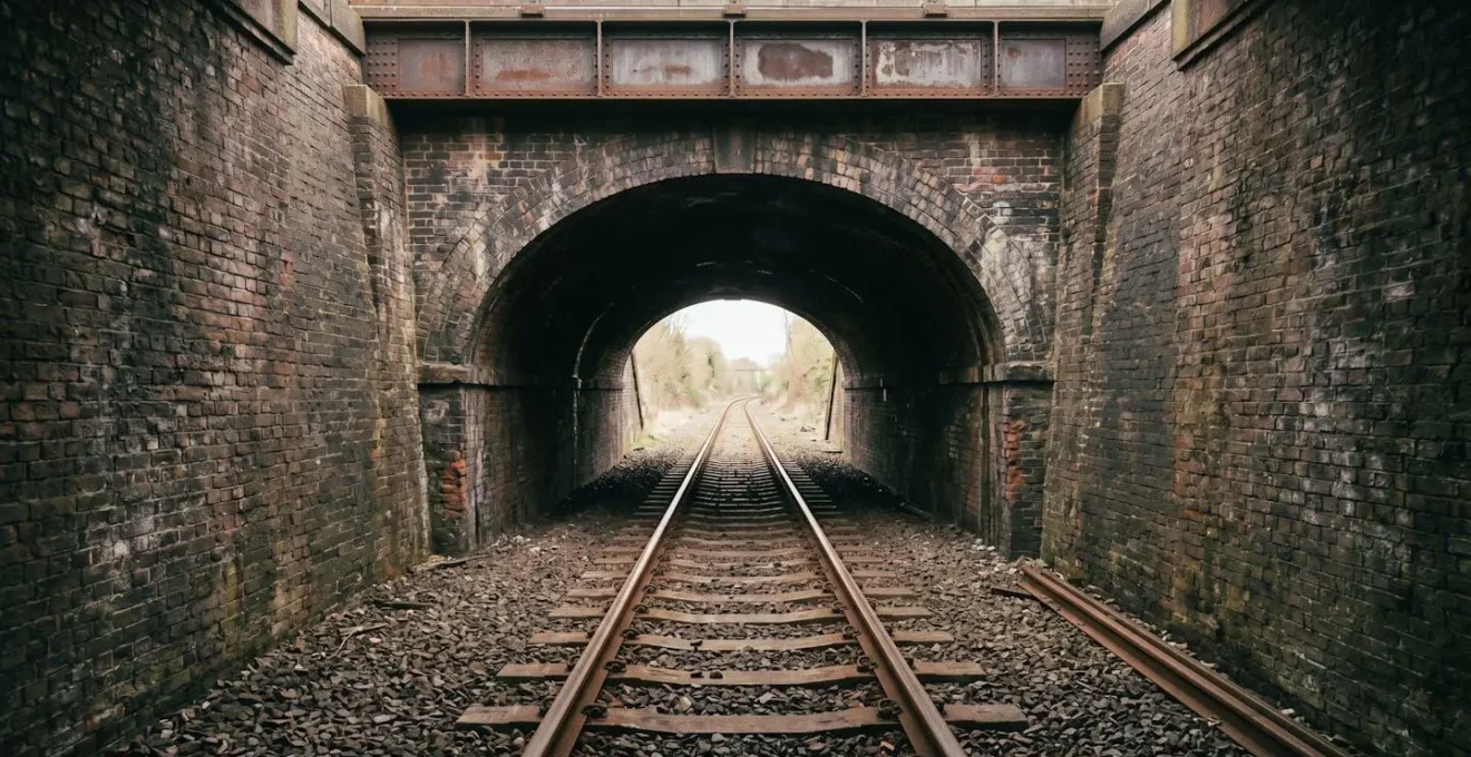 Railway infrastructure showing structural clearance limitations with overhead bridge and track geometry