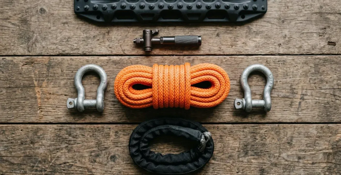 Professional recovery gear components organized on rugged outdoor surface showing traction boards shackles and recovery rope
