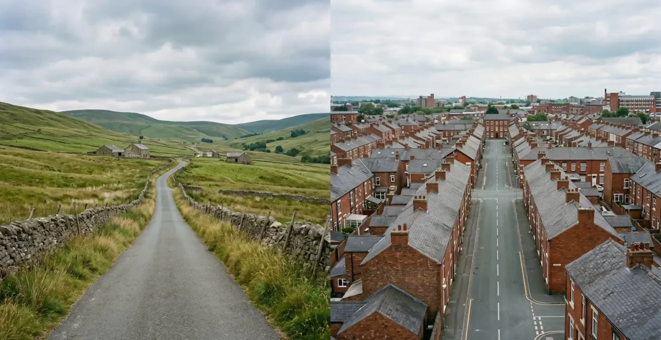 Rural UK delivery route showing challenging single-track lane infrastructure versus urban grid network